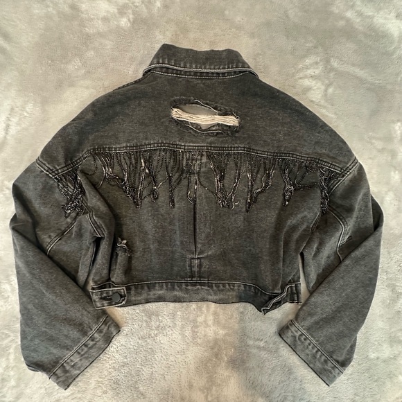 Blue B Dark Distressed Cropped Denim Jacket with Rhinestone Fringe
Size S/M - Picture 6 of 9